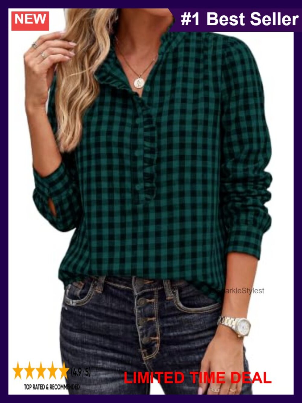 Puff Sleeve Button Down Plaid Shirt Ruffle V-Neck Cotton Blouse